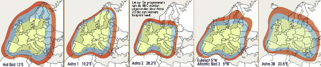Footprints TELECO satelliet systemen TELECO - footprints satellieten Astra 1, 2 en 3, HotBird en EutelSat